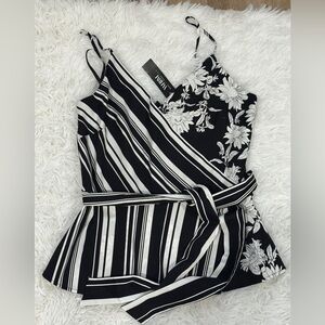 NWT White House Black Market Black & White Striped Floral Romper Size 8